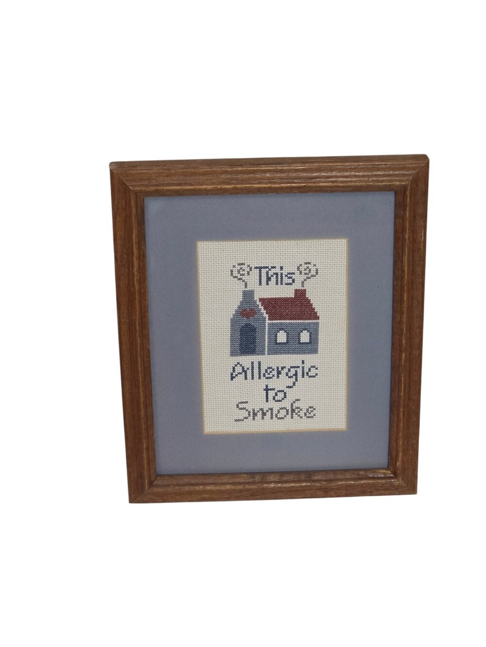 Vintage 80s Country Cross Stitch This House Allergic to Smoke Framed Art Picture